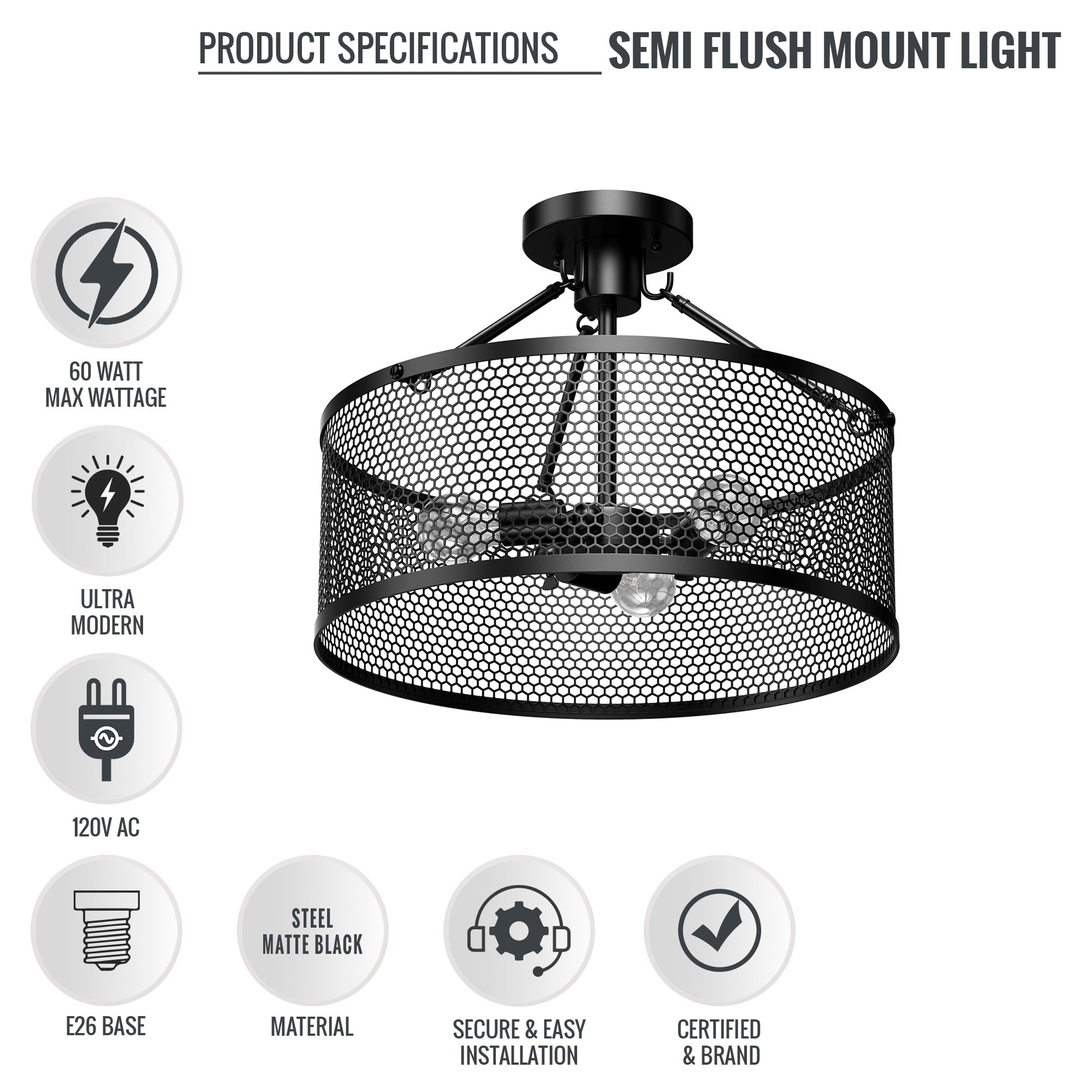 LEDMyplace 3-Light Drum Semi Flush Mount Ceiling Light Fixture - Matte Black Steel Cage, UL Listed, Farmhouse Style - Perfect for Bedroom, Living Room & Hallway - E26 Base (Bulb Not Included) | Modern Home Lighting for Cozy Ambiance & Energy-Efficient Illumination