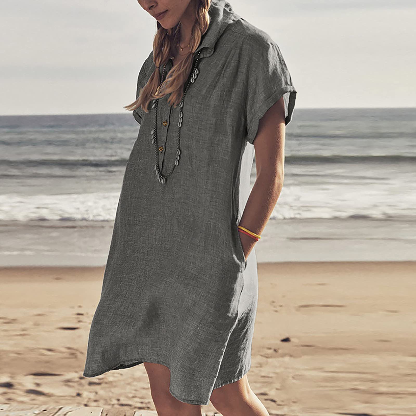 Linen Shirt Dress for Women - Short Sleeve Button Up with Pockets | Beach & Summer Wear