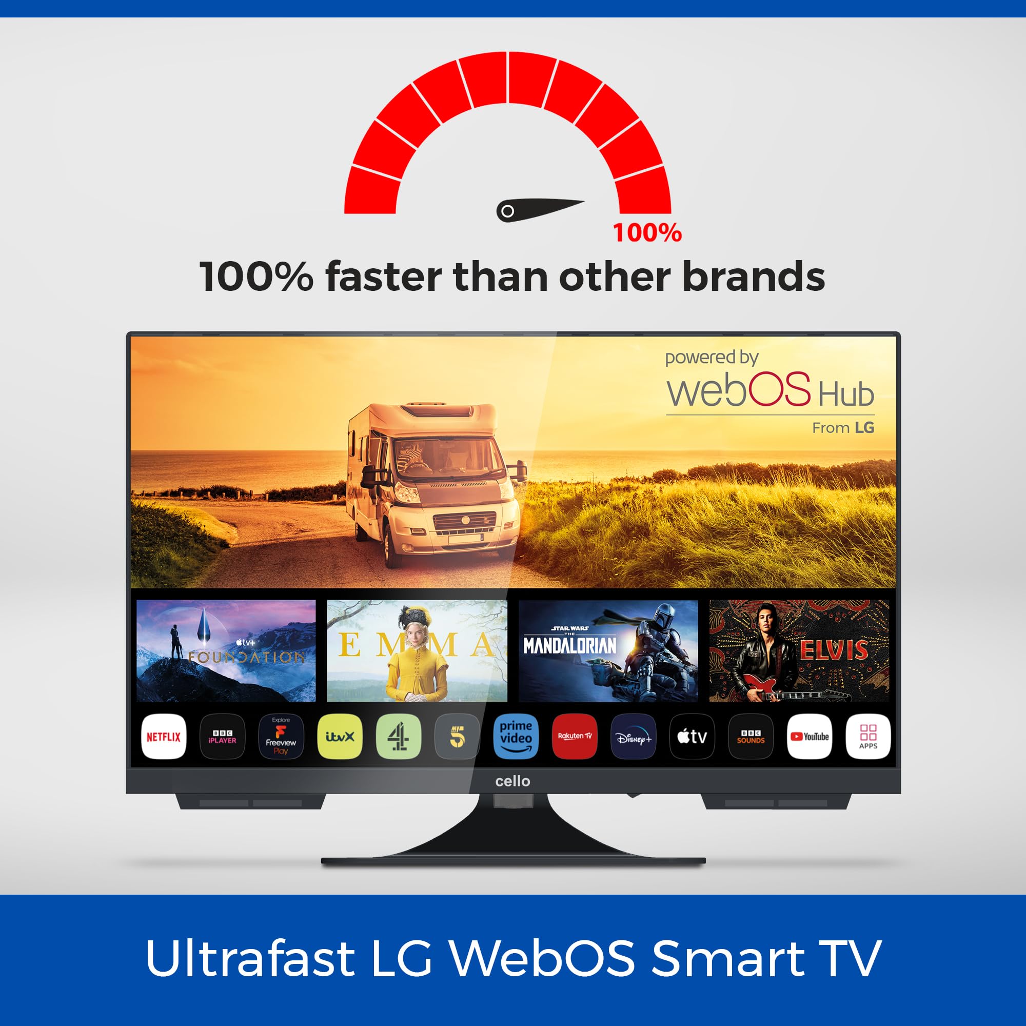 22 Inch Cello C2224WS 12V Smart Frameless Travel TV with Pitch Perfect Speakers | WebOS, Freeview Play, FreeSat, Bluetooth, Netflix | Compact TV for Motorhomes, Caravans & Camping | UK Made