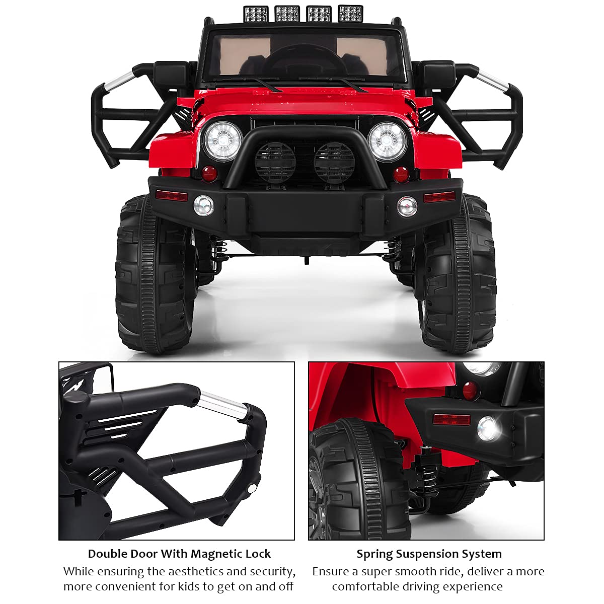 Costzon 12V Battery Powered Electric Ride On Truck for Kids - Parental Remote Control, LED Lights, MP3 Player, Safety Belt & Spring Suspension - Red Kids Electric Car for Indoor & Outdoor Play, Birthday Gifts