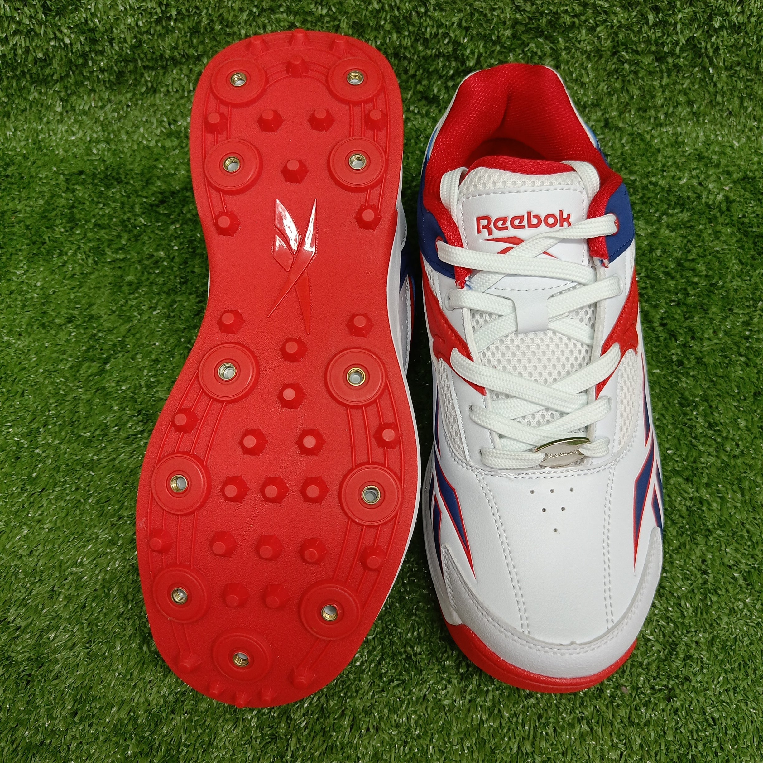 Reebok Not Out Syndicate Cricket Shoes - White/Blue/Red Metal Spike Cleats for Men | Perfect for Professional Matches & Training Sessions