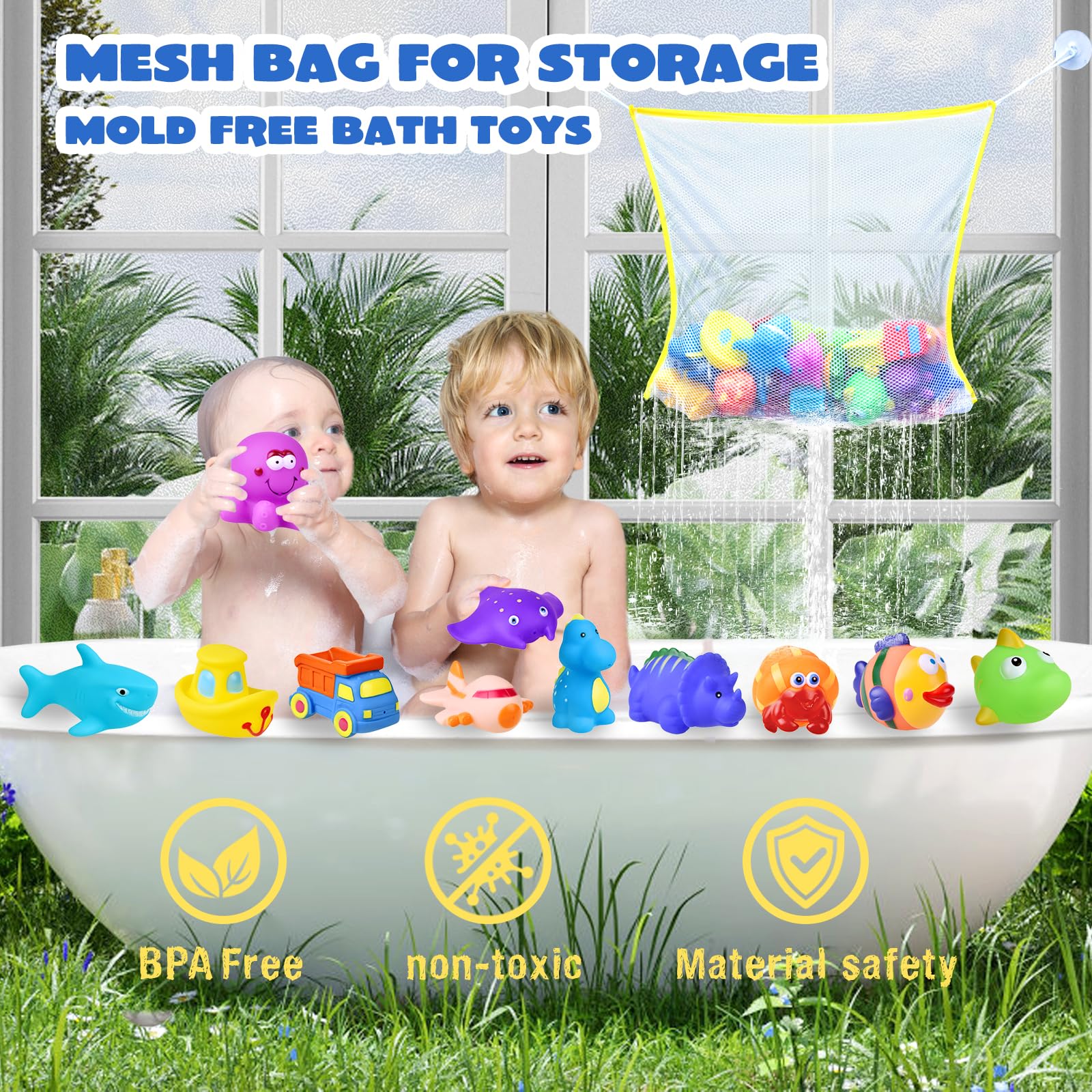 24-Piece Fun Little Bath Toys Set for Toddlers - Sea Animals & Cars Squirter Toys, Non-Mold Bathtub Toys with Storage Bag - Perfect for Baby Bath Time, Pool Play & Kids Party Favors (Ages 1-3)
