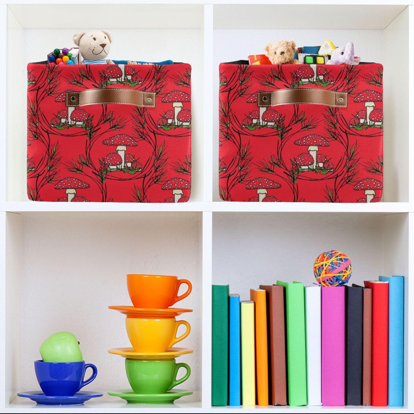 Foldable Canvas Storage Bins with Handles & Metal Frame - 2 Pack Mushroom Cartoon Organizer Baskets for Home, Office, Nursery Shelves | Perfect for Toys, Books & Clutter Organization