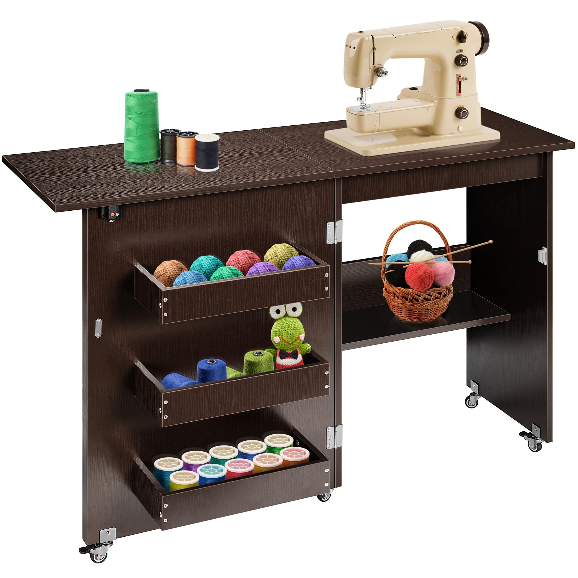 VIVOHOME Folding Sewing Craft Table with Storage Shelves & Lift - Rolling Sewing Machine Desk for Small Spaces, Dark Brown - Perfect for Quilting, DIY Projects & Home Crafting
