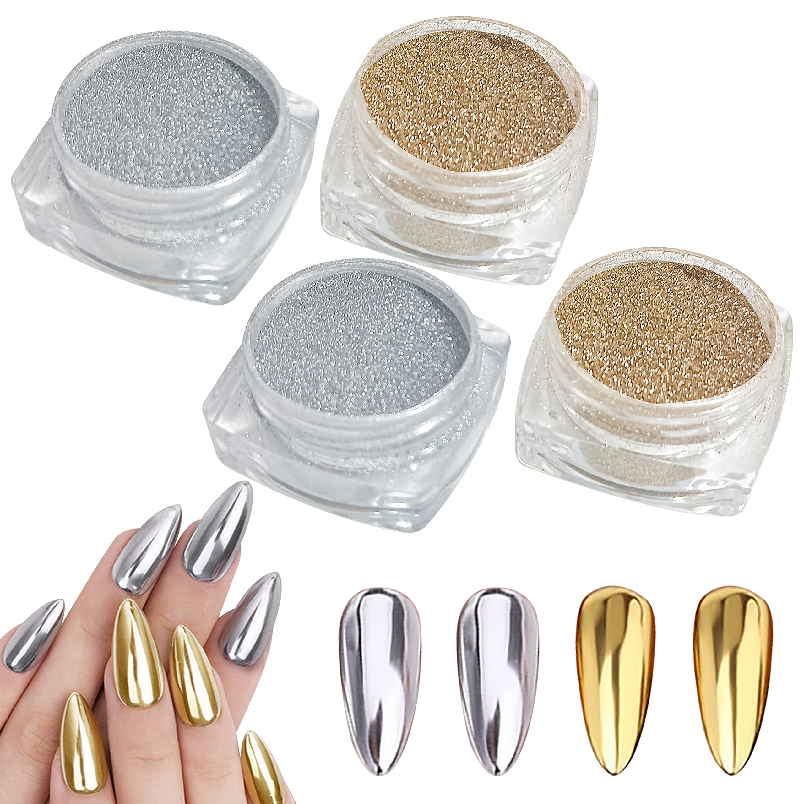 Premium Gold & Silver Chrome Nail Powder Set - 4 Jars Mirror Effect Mermaid Nail Art Powder with Shimmery Aurora Glitter | Perfect for Nail Salon, DIY Manicure, Party & Gift for Women & Girls