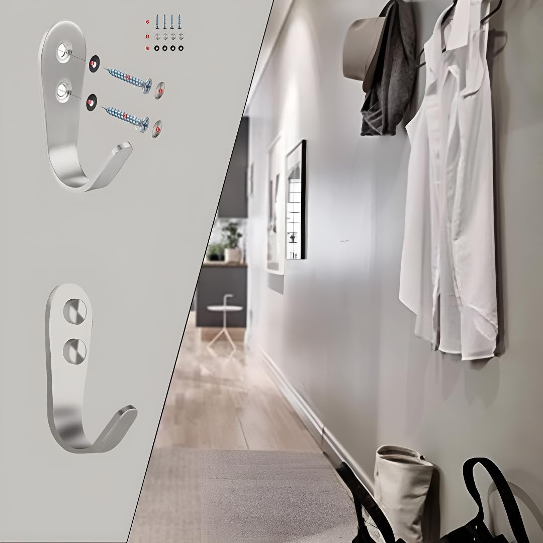 12 Pack Heavy Duty Stainless Steel Hooks - Wall Mounted Coat Hooks, Robe Hooks & Towel Hooks for Bathroom, Kitchen, Garage, Office & Outdoor Use | Durable Silver Finish for Keys, Decor & Organization