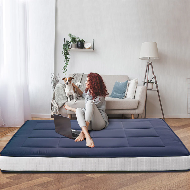 MAXYOYO Japanese Floor Futon Mattress - Thick Padded & Portable Navy Blue Floor Bed for Guest Room, Dorm, Camping & Travel