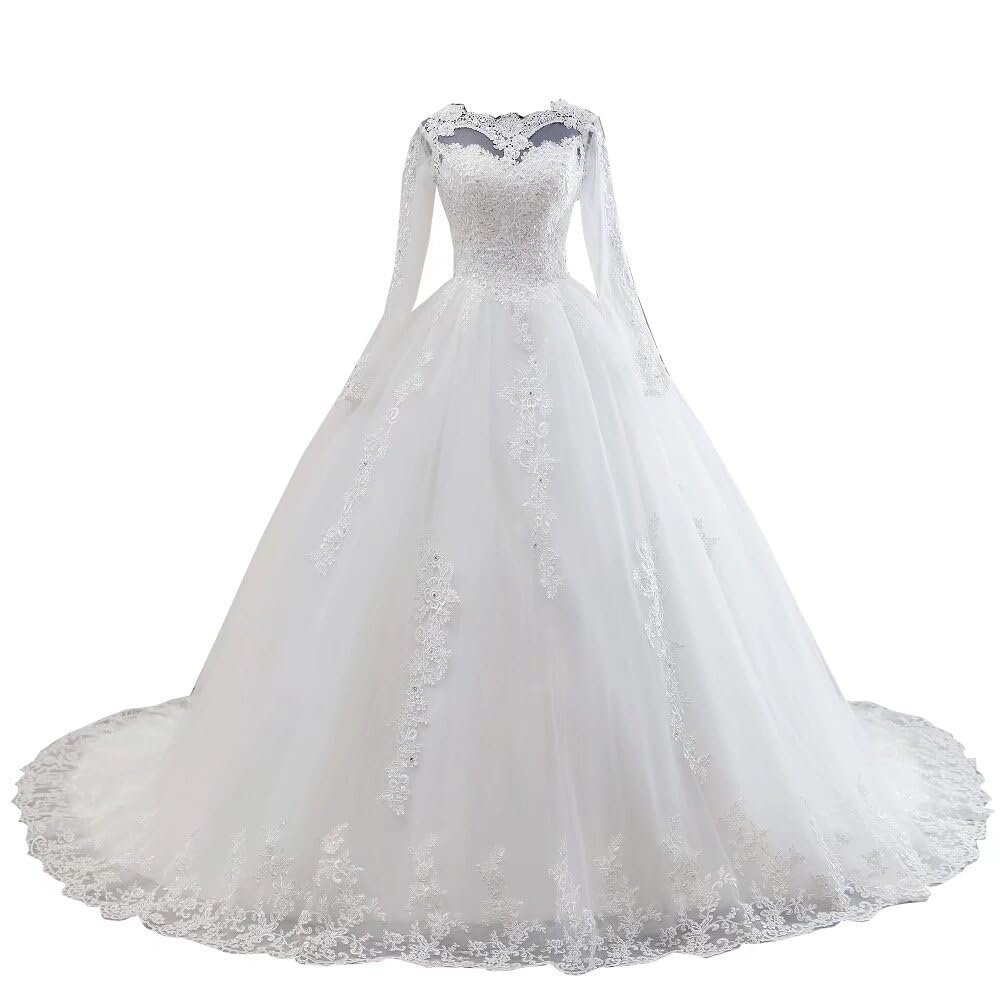 2025 Vintage Sheer Jewel Neck Wedding Dress for Bride - Long Sleeve Lace Ball Gown | Perfect for Romantic Weddings, Bridal Showers & Formal Evening Events