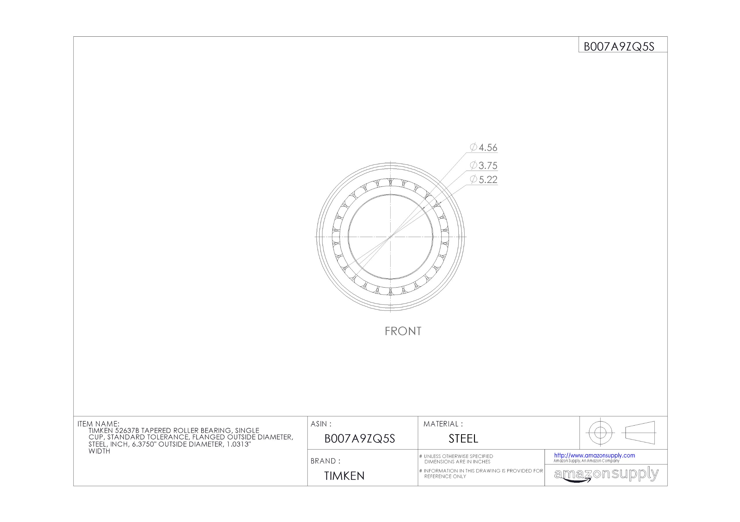 Timken 52637B Flanged Tapered Roller Bearing - Single Cup, Steel Construction, 6.375