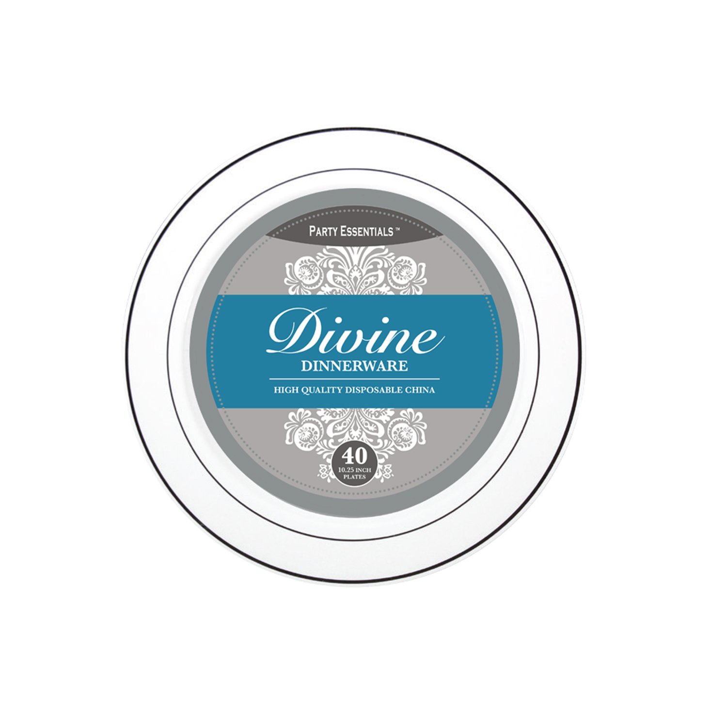 Divine White Plastic Plates with Silver Rim - 10 Inch Disposable Dinner Plates (Pack of 240) - Perfect for Weddings, Parties, and Special Events