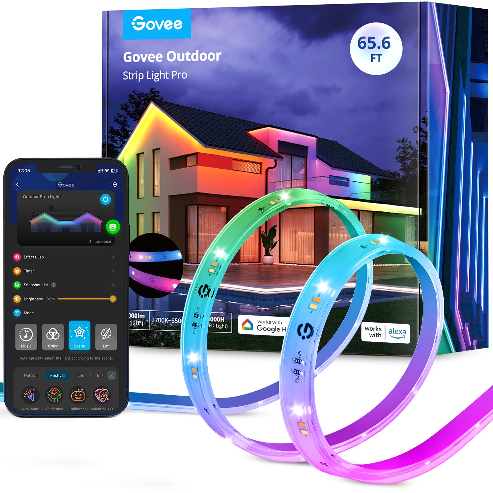 Govee 65.6ft Smart Outdoor LED Strip Lights RGBIC with Warm & Cool White - 2.4G WiFi, IP65 Waterproof, Works with Alexa & Google Assistant, App Control - Perfect for Porch, Patio, Eaves, Garden, Backyard, Party & Holiday Decorations