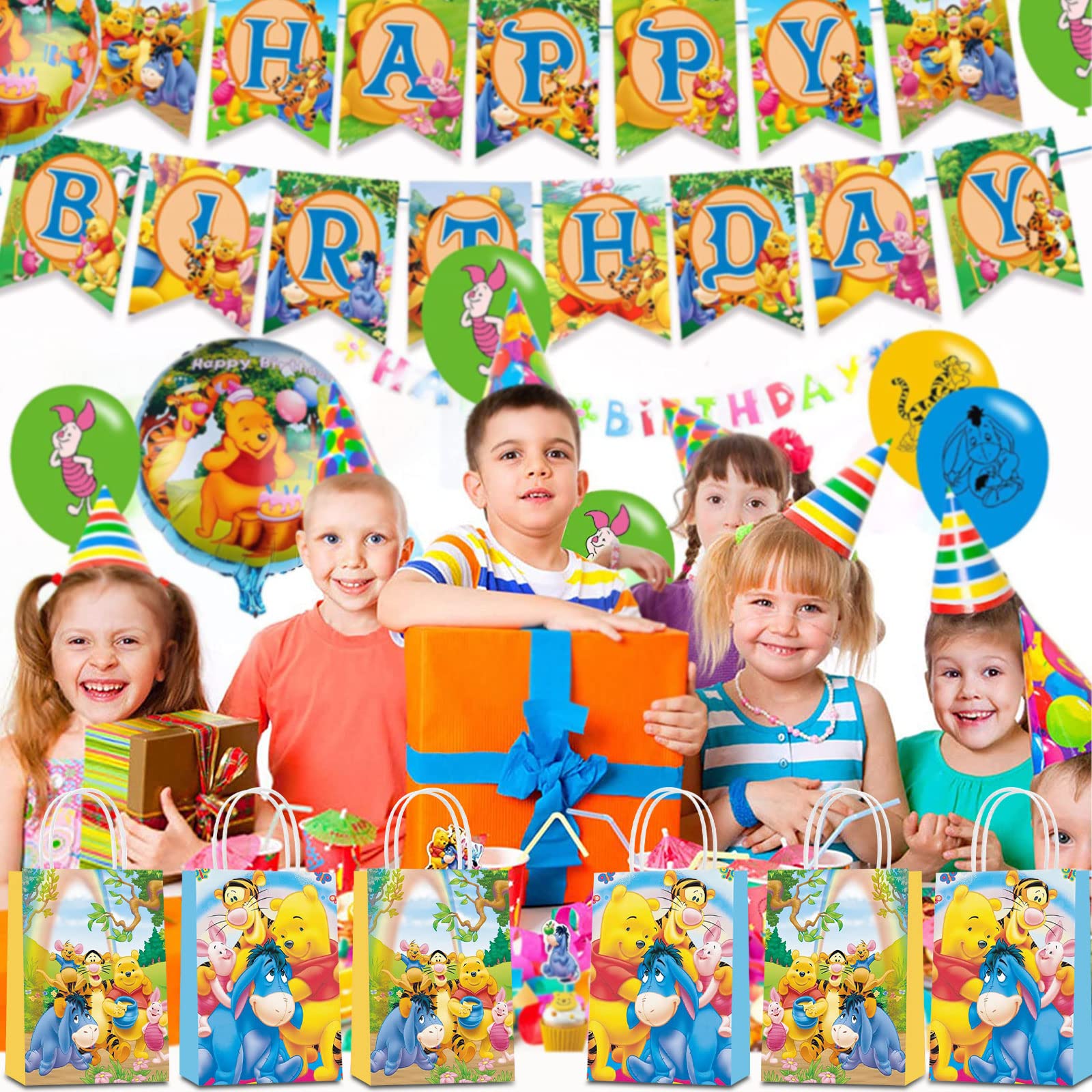 16 Pack Winnie the Pooh Party Favor Bags with Handles - 2 Styles Cute Pooh Bear Themed Gift Bags for Candy, Treats & Goodies | Perfect for Kids Birthday Parties, Baby Showers & Disney Themed Events