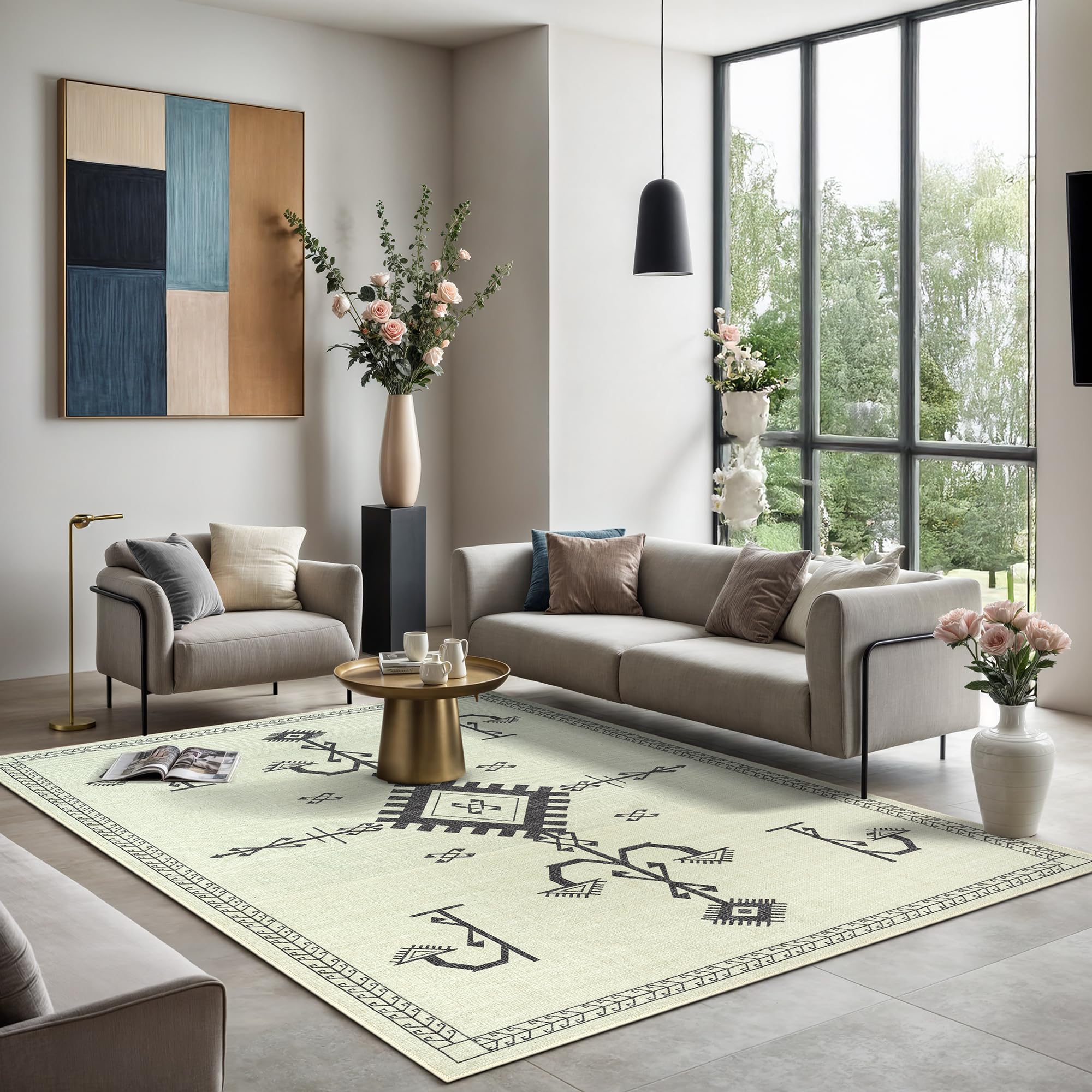 GLN Bohemian Collection - Machine Washable Non-Slip Low Pile Chenille Area Rug for Living Room, Bedroom, Bathroom (6'6