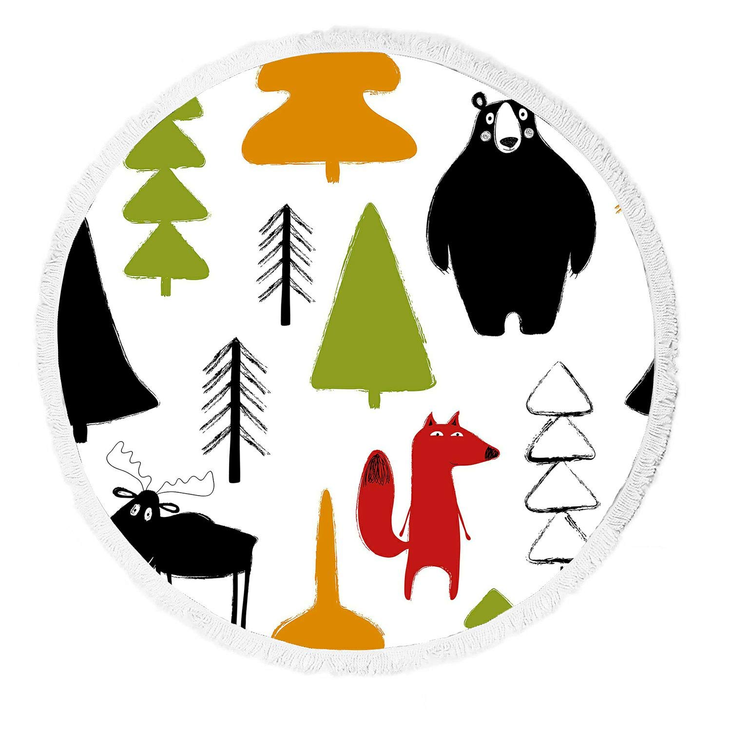 ABPHQTO Colorful Cute Animals & Trees Round Beach Blanket with Tassels - Waterproof Picnic Mat for Outdoor Yoga, Camping, Beach & Park Activities