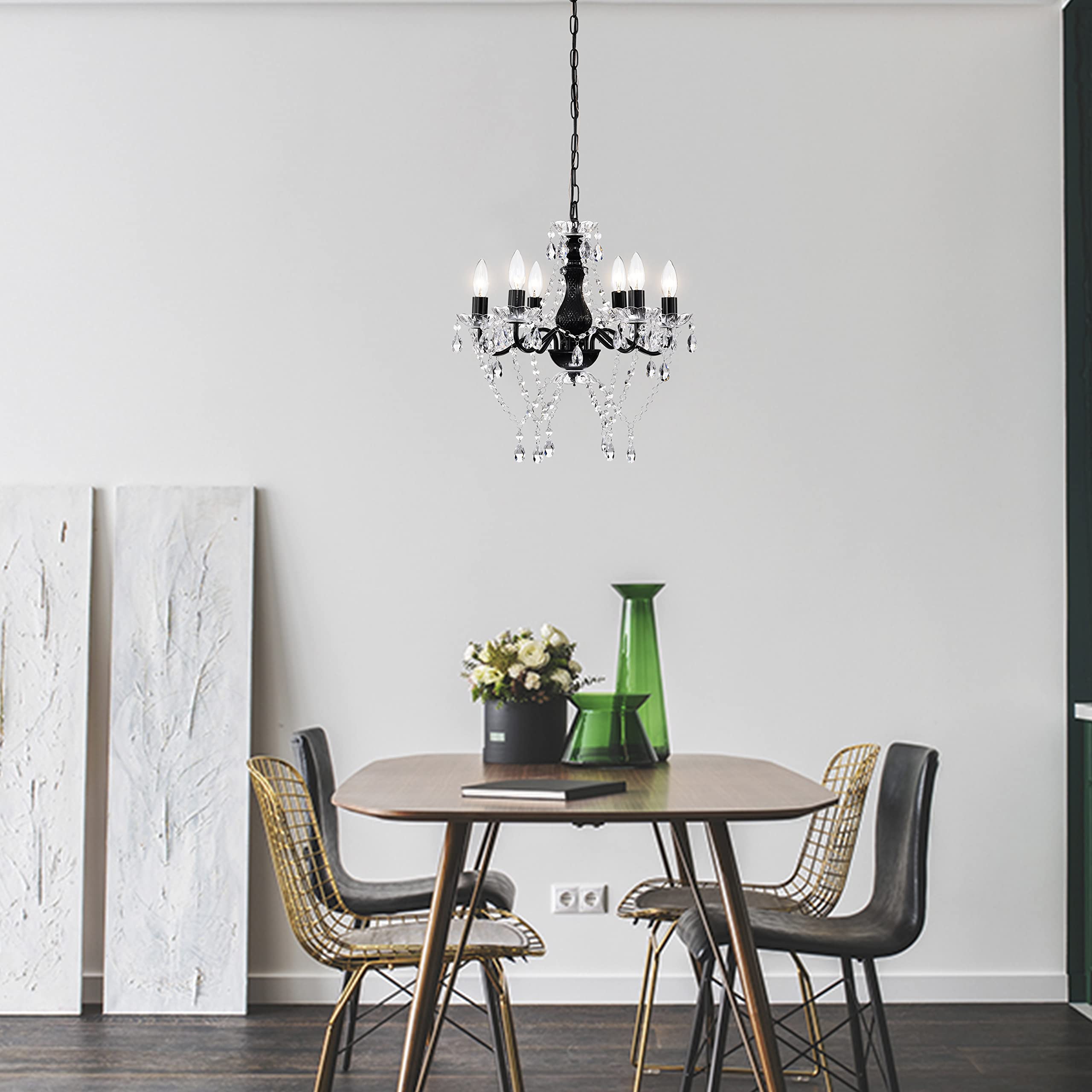 Modern Black Crystal Chandelier - 6-Light Candle Style Lighting Fixture for Dining Room, Living Room & Bedroom | Elegant Ceiling Light for Home Decor, Wedding Venues & Restaurants