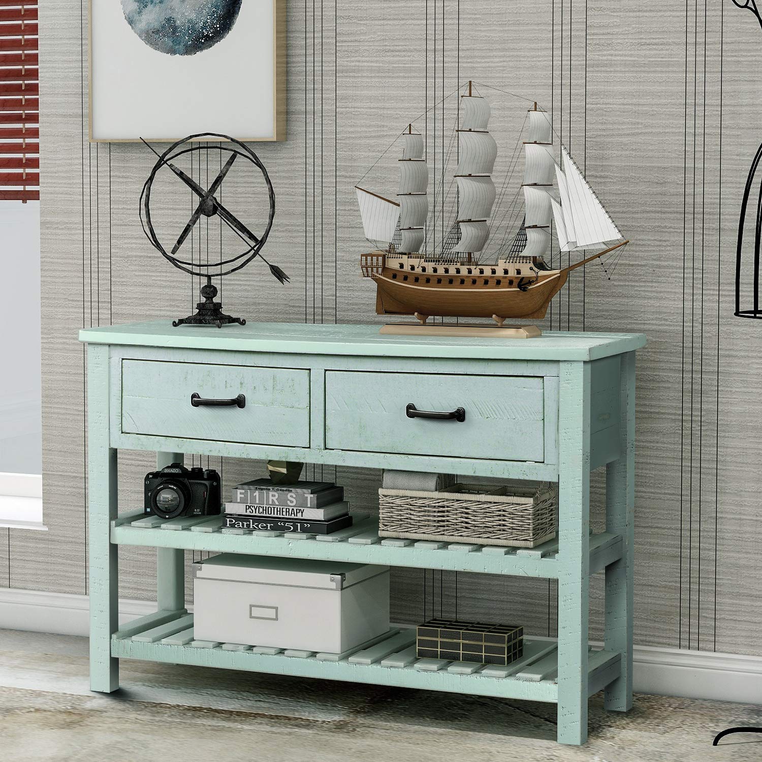 Vintage Retro Console Table with Storage Drawers & 2-Tier Shelf - Entryway Sofa Table, Hallway Furniture for Living Room, Foyer - Antique Blue | Perfect for Small Spaces, Home Decor & Apartment Entryways