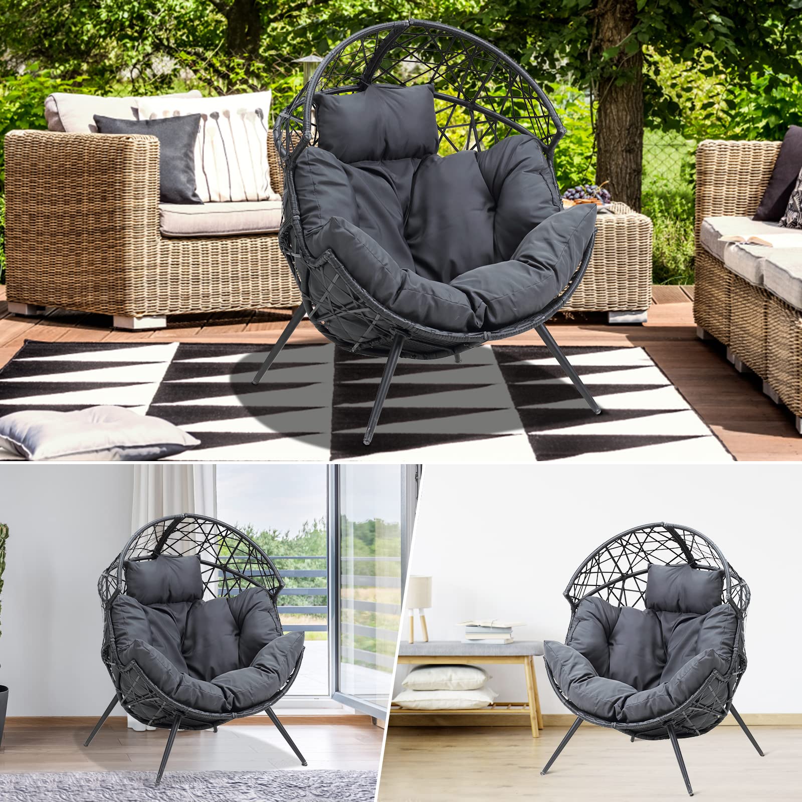 Outdoor & Indoor Egg Chair - Wicker Basket Lounger with Cushion & Stand - Dark Gray - Perfect for Living Room, Patio, Backyard, and Garden Relaxation