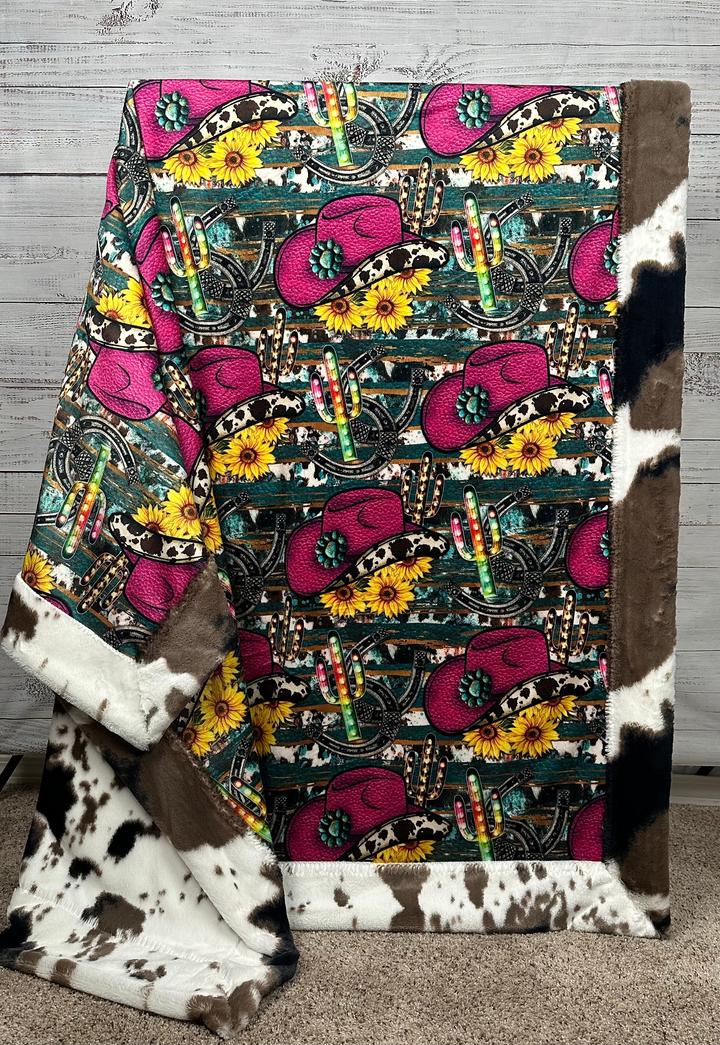 Pink Cowgirl Hat with Sunflower Cowhide & Pony Mudpie Luxe Large 55x79 Minky Blanket - Perfect for Western Rodeo, Horse Riding, and Country Themed Parties
