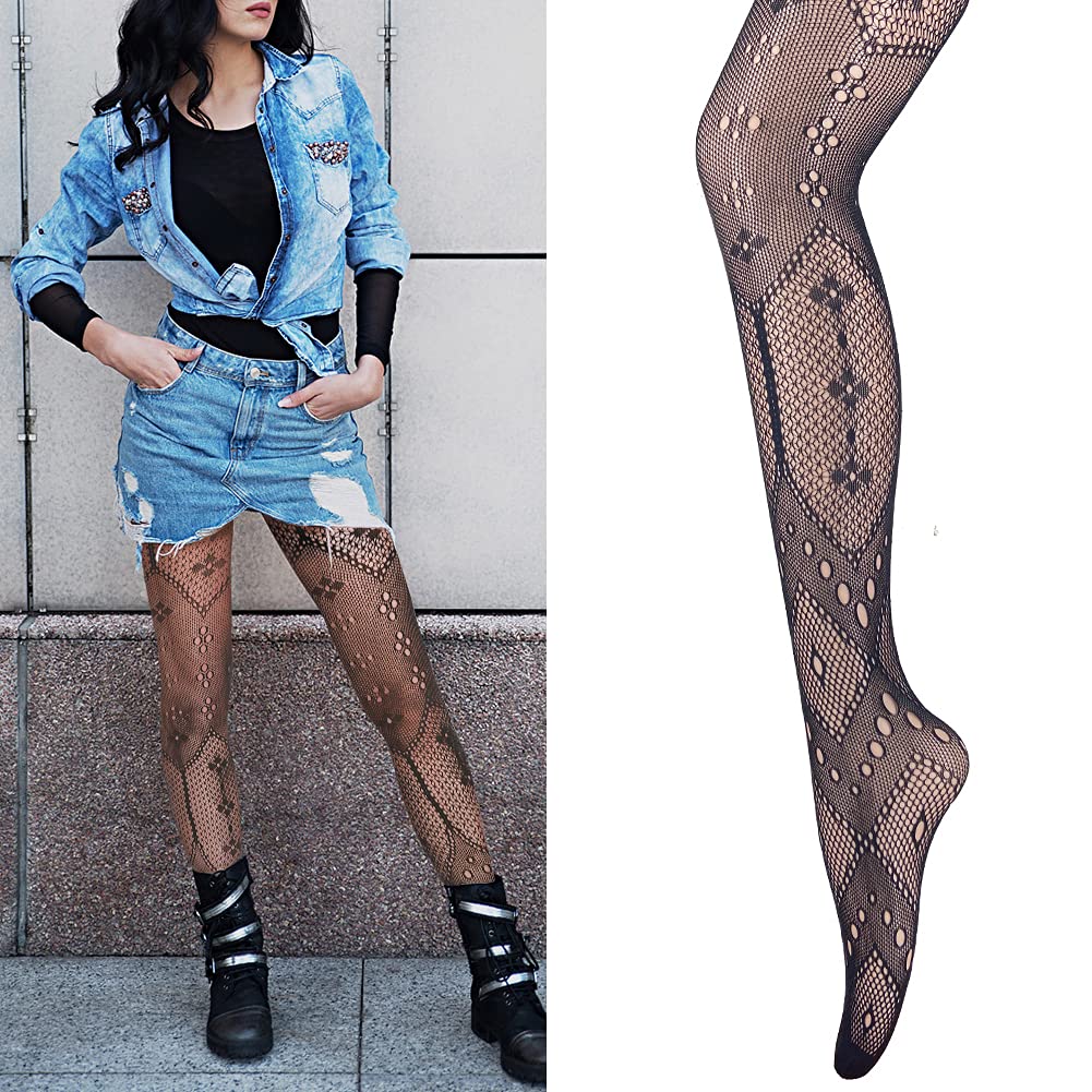 Women's Black Patterned Fishnet Tights - Sexy Stockings & Pantyhose for Party, Cosplay & Night Out Outfits