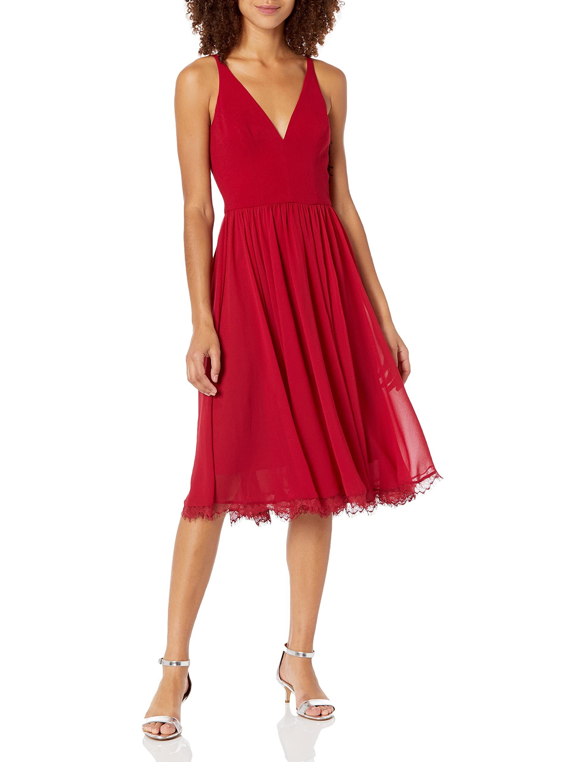 Dress the Population Alicia Plunging Mix Media Sleeveless Fit & Flare Midi Dress for Women | Elegant Cocktail & Party Wear | Perfect for Weddings, Date Nights & Special Occasions