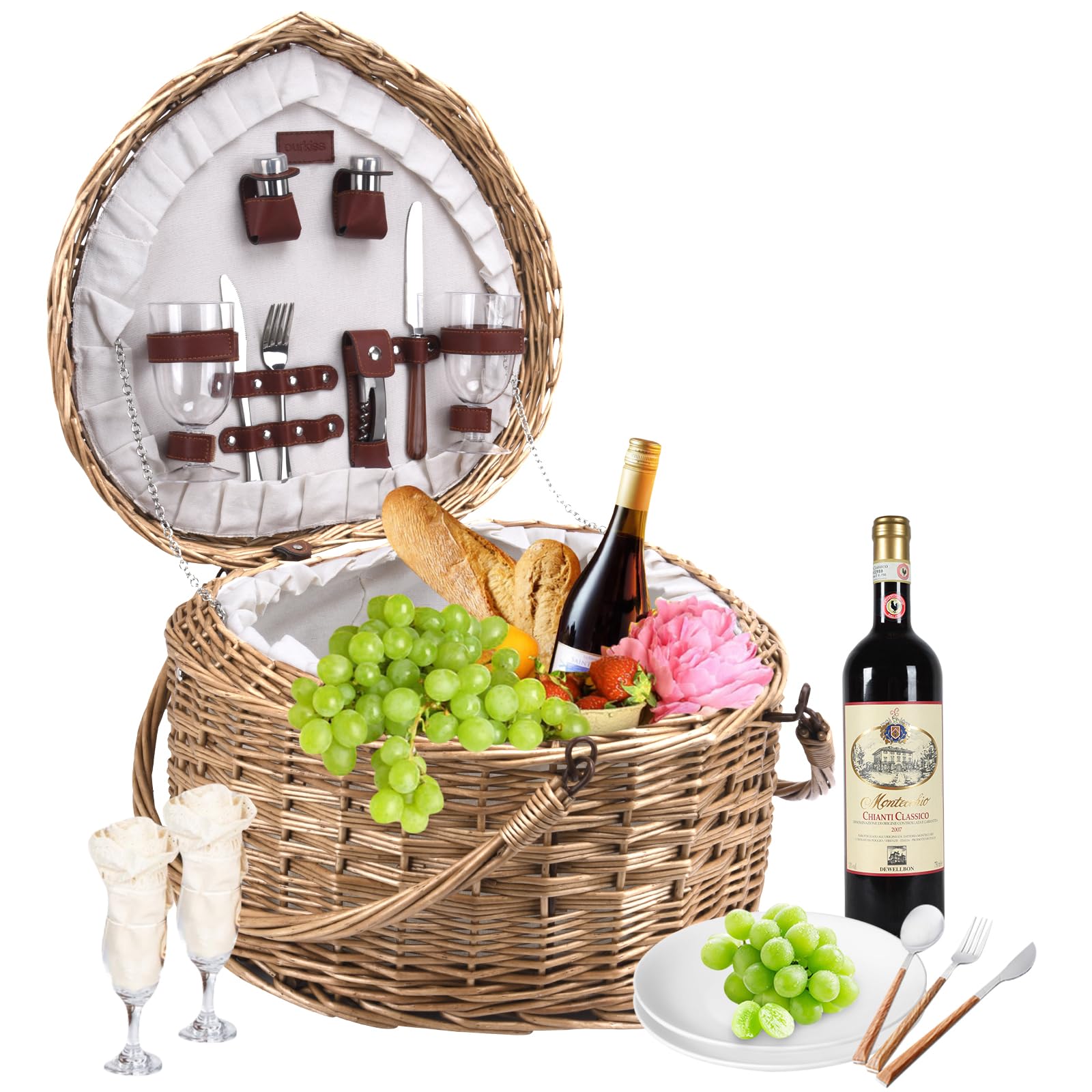 Romantic Heart-Shaped Picnic Basket Set for 2 - Wicker Picnic Hamper with Complete Accessories | Perfect Anniversary Gift for Couples, Valentine's Day Present | Ideal for Outdoor Dates, Beach Picnics & Park Gatherings
