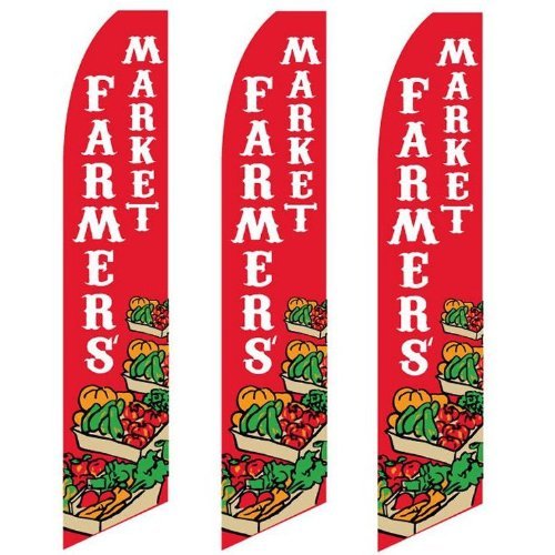3 Pack Tall Swooper Flags - Red & White Farmers Market Produce Display Flags for Outdoor Fruit Stands, Vegetable Stands, and Roadside Markets