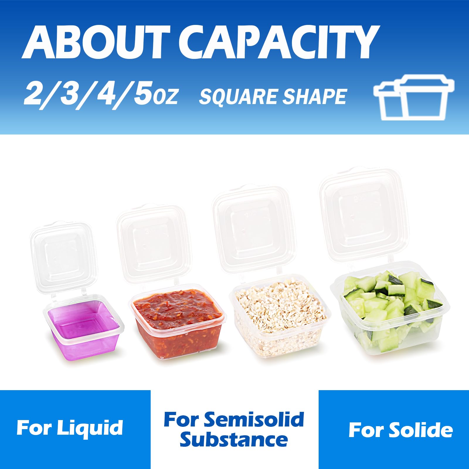 2/3/4/5oz Square Plastic Food Storage Containers with Lids - 200 Pack Disposable Portion Cups for Condiments, Jello Shots, Sauces, Meal Prep & Party Serving - BPA Free Small Containers for Kitchen, Restaurant & Catering Use