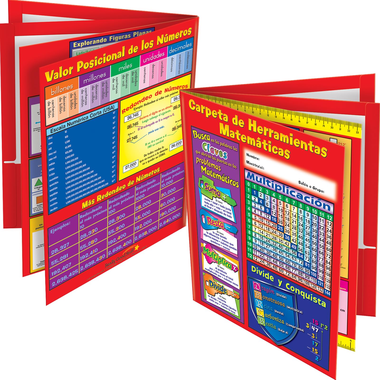 Really Good Stuff Spanish Math 4-Pocket Folders - Intermediate (Mathematical Tools Folder) - Set of 12 for Classroom Organization, Homework & Bilingual Learning