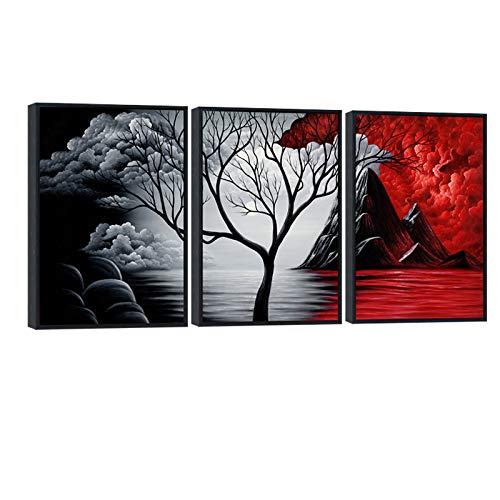 Wieco Art Large Framed Canvas Wall Art - The Cloud Tree Abstract Painting for Bedroom & Office Decor | 3-Panel Contemporary Artwork with Black Frames | Perfect for Living Room, Bedroom & Office Wall Decor