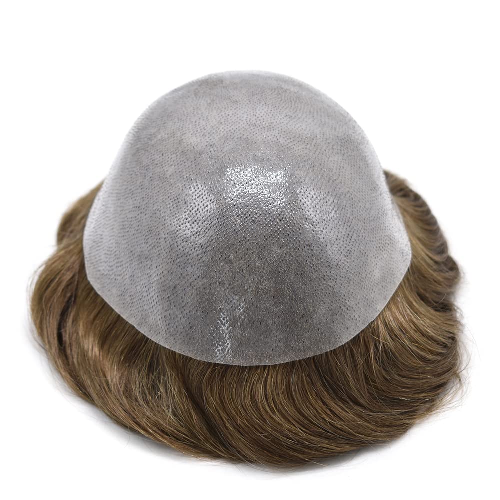 100% European Human Hair Toupee for Men - 0.12mm Thin Skin V-looped Hair Replacement System with Durable Poly Base (7