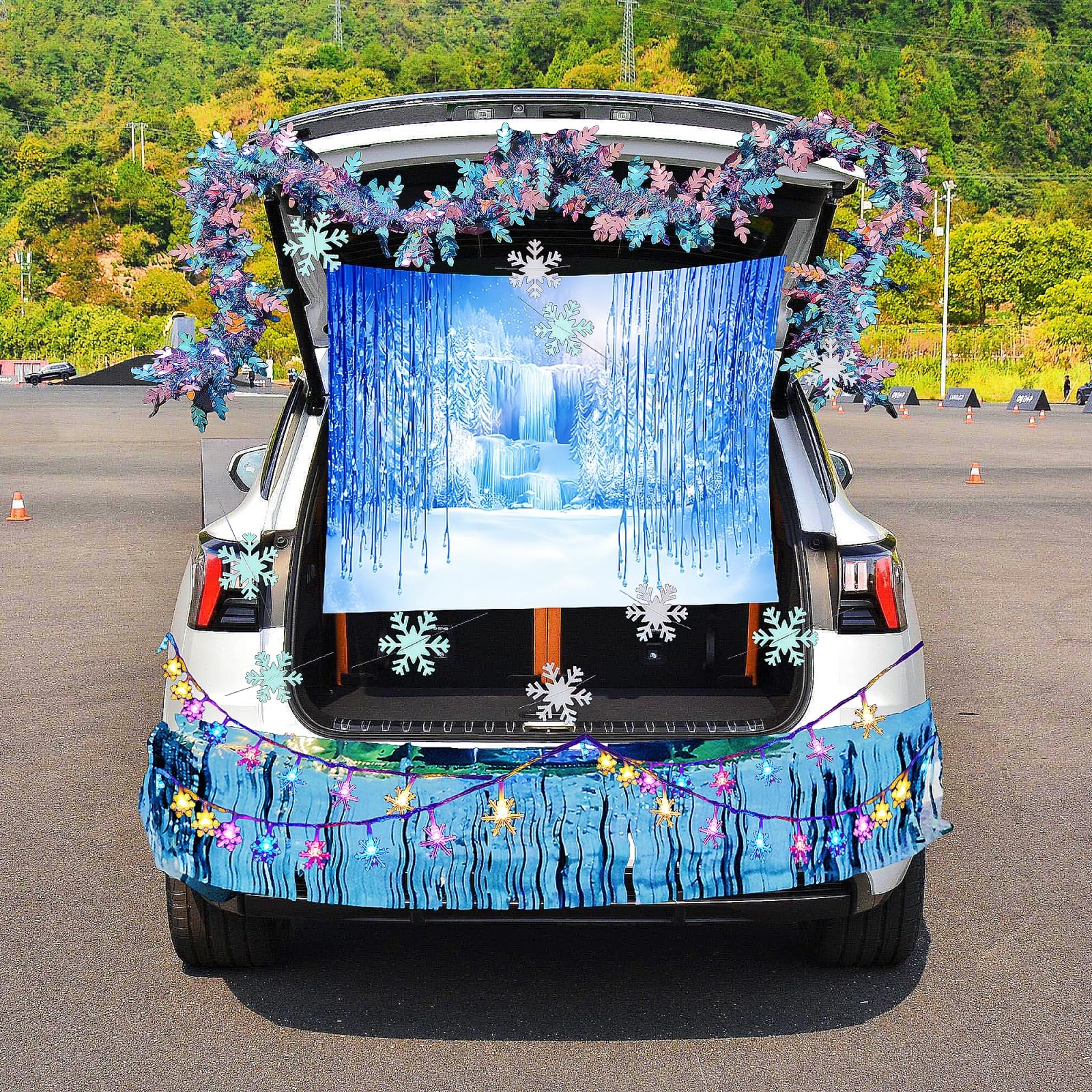 Halloween Trunk or Treat Car Decorations Kit with LED Lights - Ice & Snow Themed SUV/Truck Stickers (Blue & White) for Spooky Seasonal Parties & Neighborhood Trick-or-Treat Events
