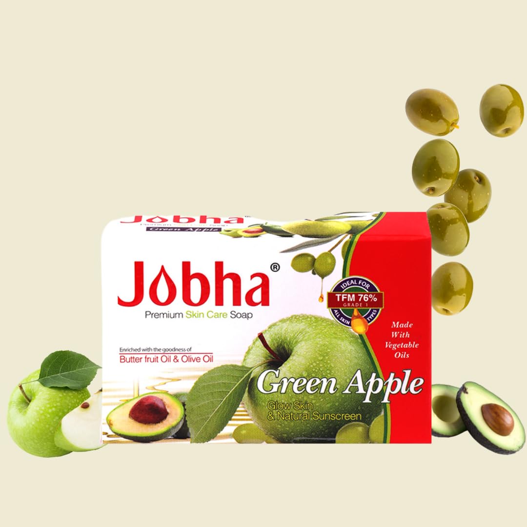 Jobha Green Apple Soap with Butter Fruit & Olive Oil - Skin Brightening Face & Body Cleanser for Women & Men (100g) - Natural Glow for Daily Skincare & Spa Relaxation