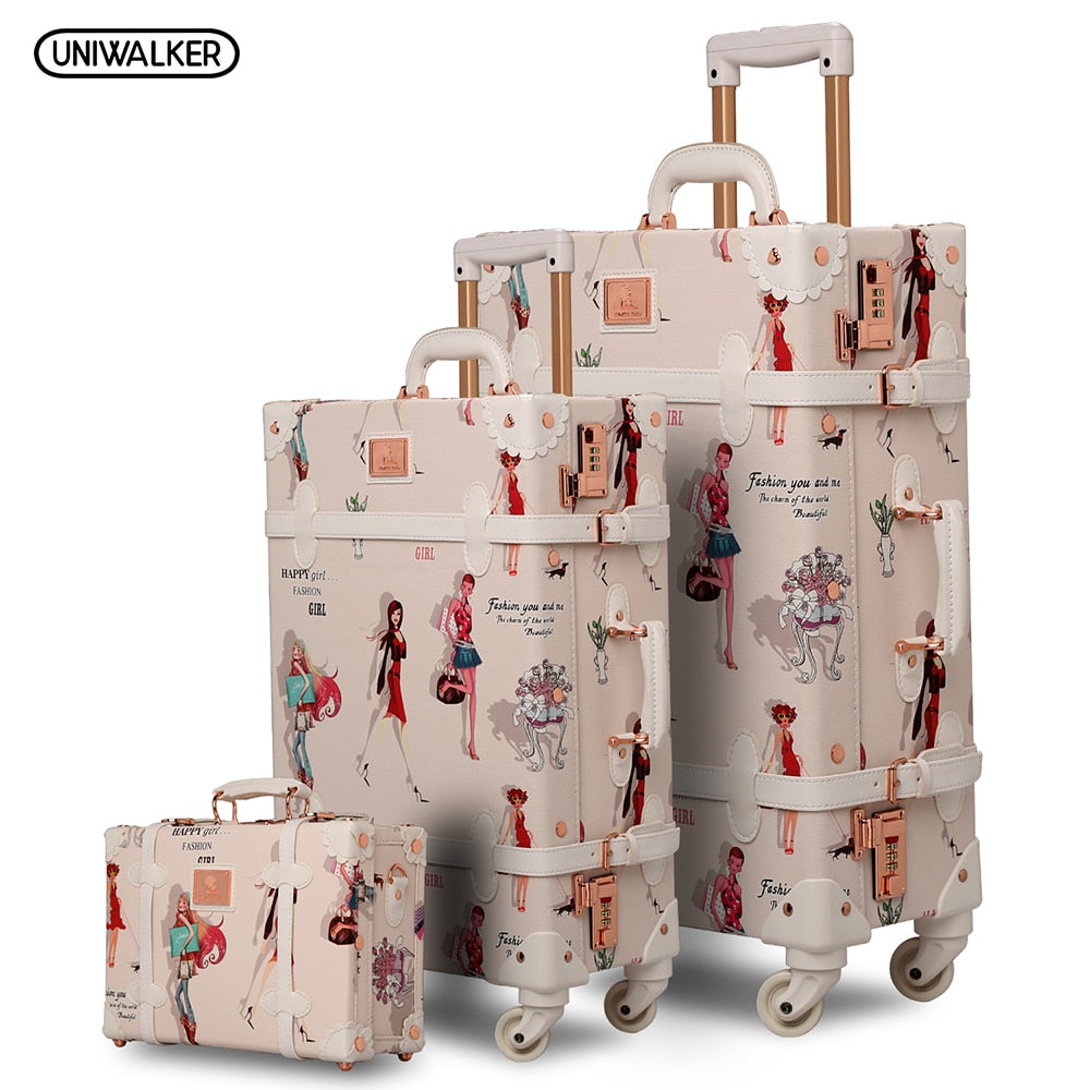 12/20/26 Inch 3-Piece Vintage Rolling Luggage Set for Girls - Fashion Retro PU Suitcases with Wheels for Travel, School & Weekend Getaways