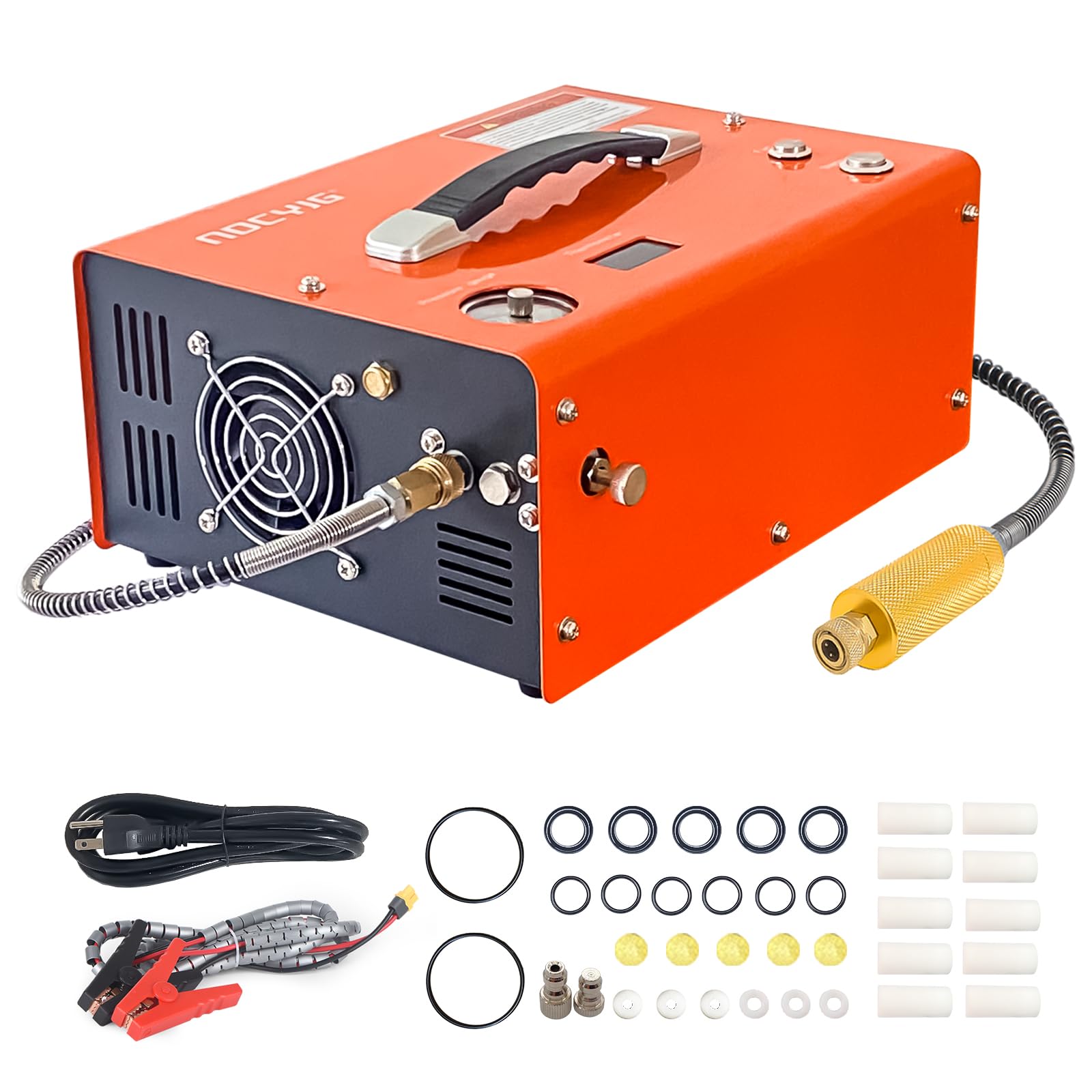 4500 PSI PCP Air Compressor with Built-in Converter & Water-Oil Filter - Auto Stop, Oil-Free & Water-Free - Unique Horizontal Spool Portable Design - 12V DC Car or 110V AC Home Power - Perfect for Paintball, Scuba Diving & Airgun Refilling