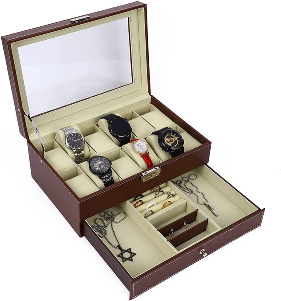 12-Slot PU Leather Lockable Watch and Jewelry Organizer Box - Brown | Secure Storage for Luxury Watches, Rings & Necklaces | Perfect for Travel, Home & Gift Giving