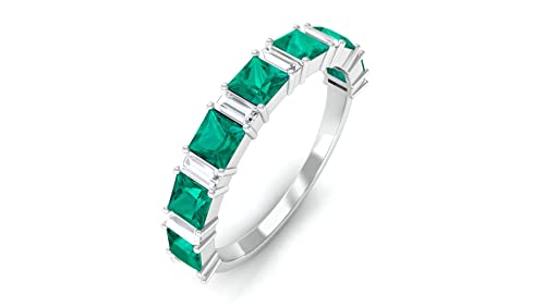 Rosec Jewels 1 CT Princess Cut Emerald & Diamond Half Eternity Ring - 14K Solid Gold Wedding Band, Anniversary Gift for Her, Bridal Jewelry, Stackable Ring for Women