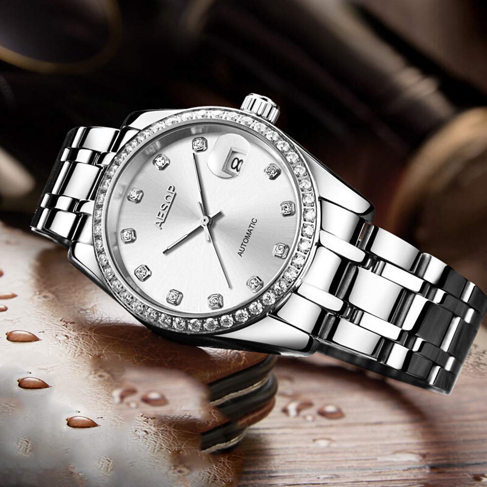 MASTOP Automatic Mechanical Waterproof Stainless Steel Watch Set for Couples - His & Her Matching Watches for Dating, Anniversaries & Romantic Gifts