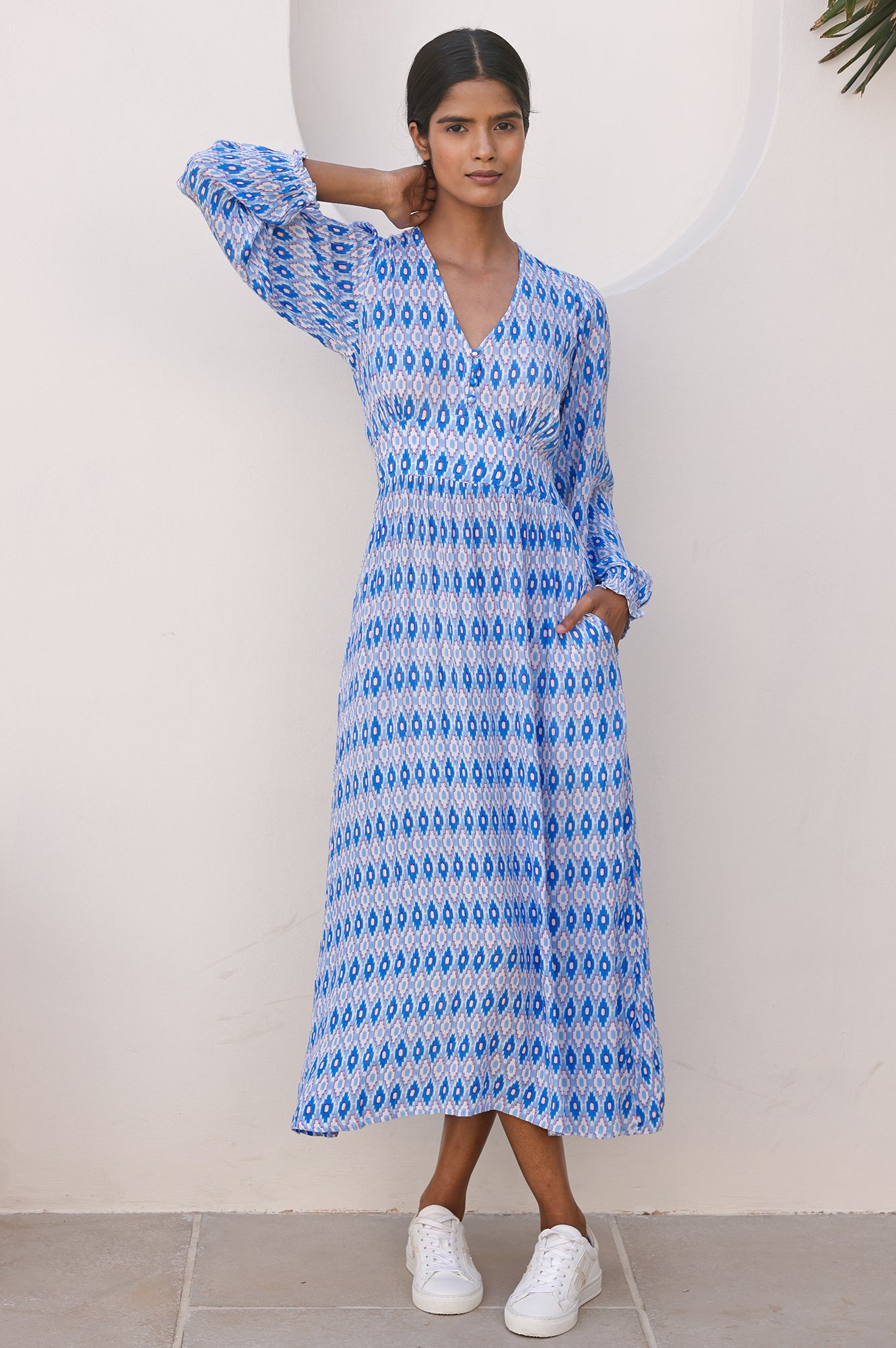 Camila Dress - Aztec Print Light Blue & Red Floral Maxi Dress for Women | Boho Chic Summer Dress for Beach, Vacation & Casual Wear