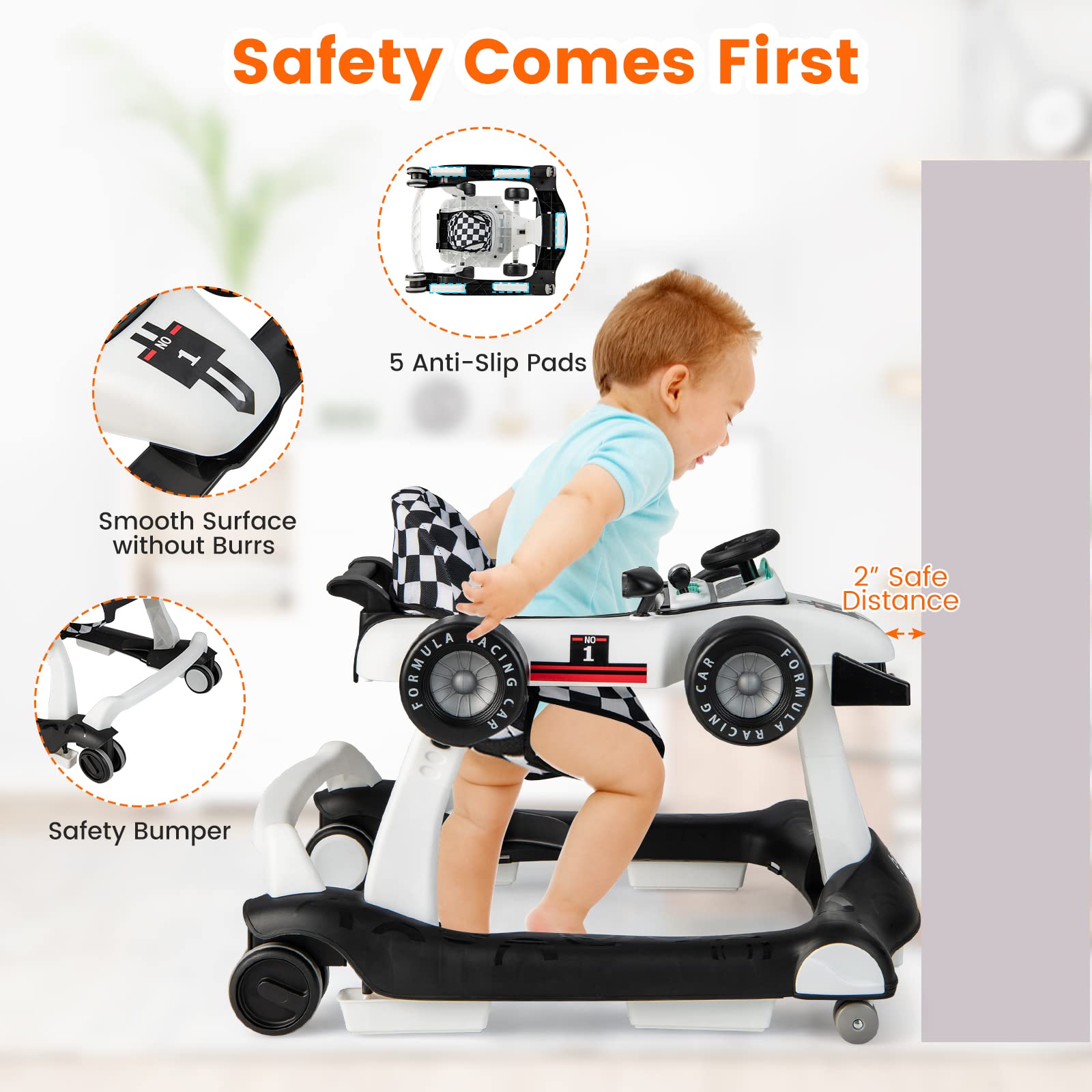 HONEY JOY 4-in-1 Baby Walker & Activity Push Walker with 3 Adjustable Heights, Smooth Wheels, Speed Control, Padded Seat, Music & Lights - Foldable Infant Walker for Boys & Girls 6-24 Months (White) - Perfect for Learning to Walk, Playtime & Indoor Activities