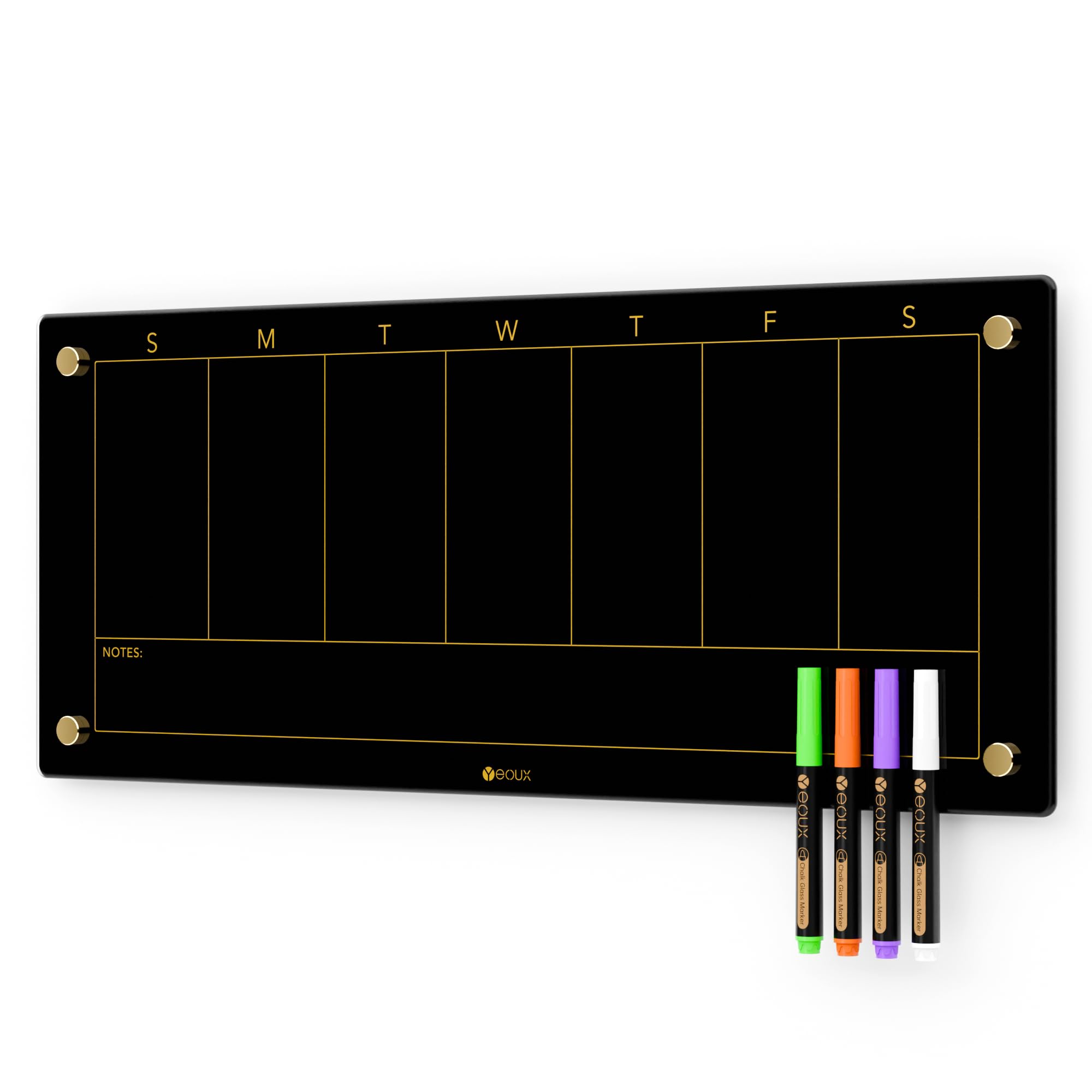 Black Glass Weekly Dry Erase Calendar Whiteboard - 23x9.5 Inch Wall Mounted Planner with 4 Wet Erase Markers - Perfect for Home Office, Kitchen, or Classroom - To-Do List & 7-Day Schedule Organizer