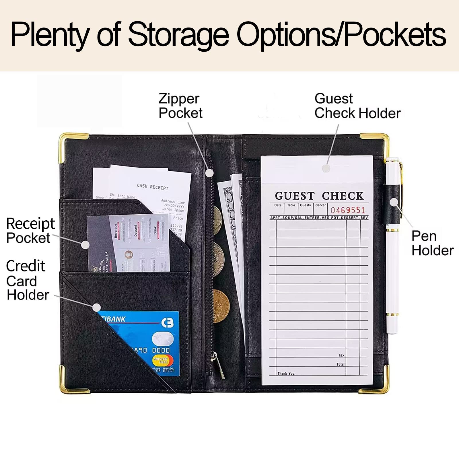Premium Leather Server Book for Waitresses & Waiters - Cute Meditation Skeleton Design with Money Zipper Pocket - Durable Serving Notepad & Waiter Accessory - Perfect for Restaurant, Cafe & Bar Service (Fits Server Aprons)