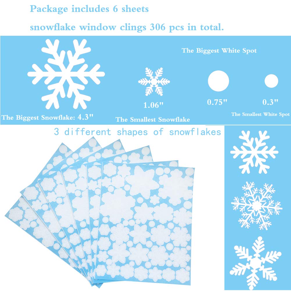 306Pcs White Snowflake Window Clings - Christmas Window Stickers Decor for Winter Wonderland Party, Home, Office & Classroom Holiday Decoration