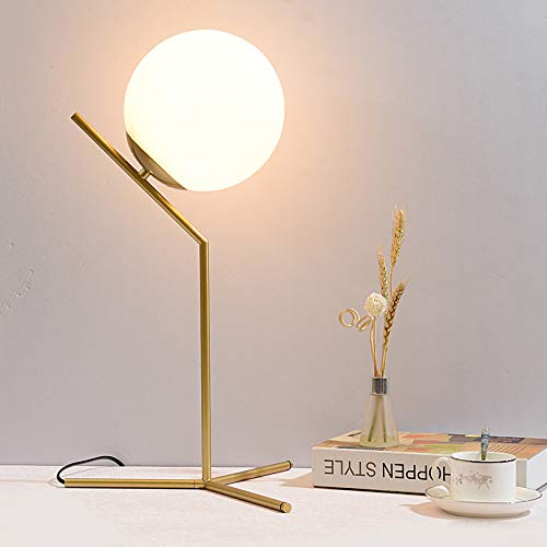 Modern White Glass Table Lamp with Gold Base - Minimalist Globe Shade Bedside Lamp for Bedroom, Study, Hotel & Restaurant Decor - Nightstand Lighting for Cozy Ambience