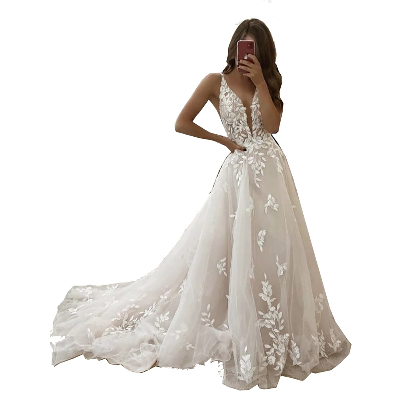 Bohemian Vintage White Wedding Dress for Women - V-Neck A-Line Beach Bridal Gown with Lace Appliques & Suspenders | Perfect for Summer Weddings, Beach Ceremonies & Evening Receptions