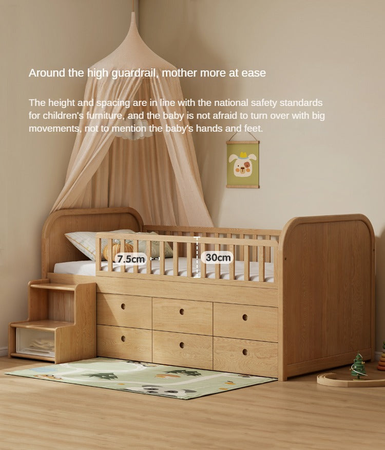 Solid Oak Wood Multi-Function Storage Bed with Wide Underbed Drawers - Perfect for Bedroom Organization & Small Space Living