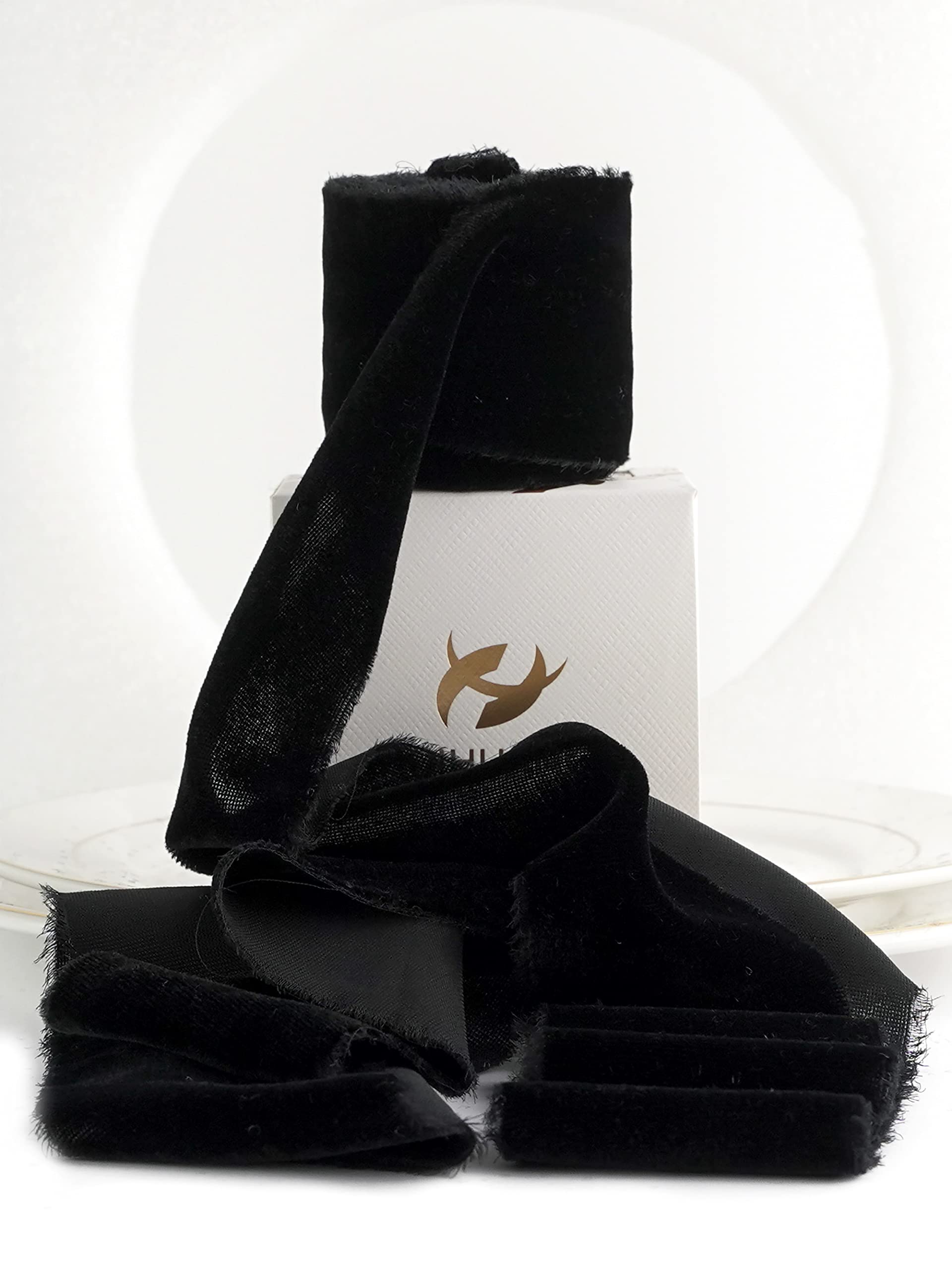 Handmade Black Silk Velvet Ribbon 2 inch x 3 Yards - Frayed Edge for Wedding Bouquets, Gift Wrapping, Invitations, Vow Books & Bridal Decor | Premium Hand-Dyed Velvet Ribbon for DIY Crafts & Special Occasions