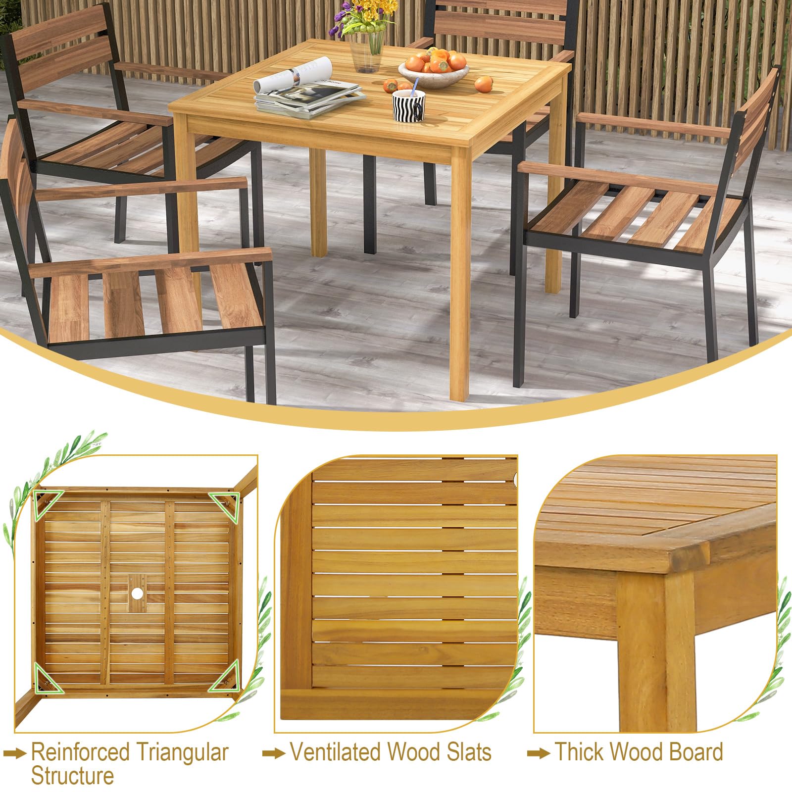 Tangkula 4-Person Square Outdoor Dining Table - Acacia Wood Patio Table with 1.9