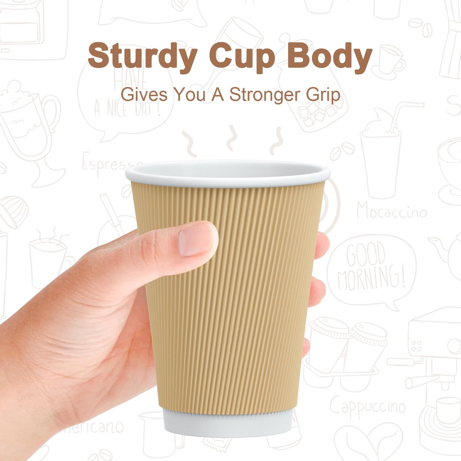 150 Pack 12 oz Disposable Hot Paper Coffee Cups with Insulated Corrugated Sleeve - Eco-Friendly Kraft Ripple Wall Design for Hot Beverages, Perfect for Office, Cafes, Parties and Home Use