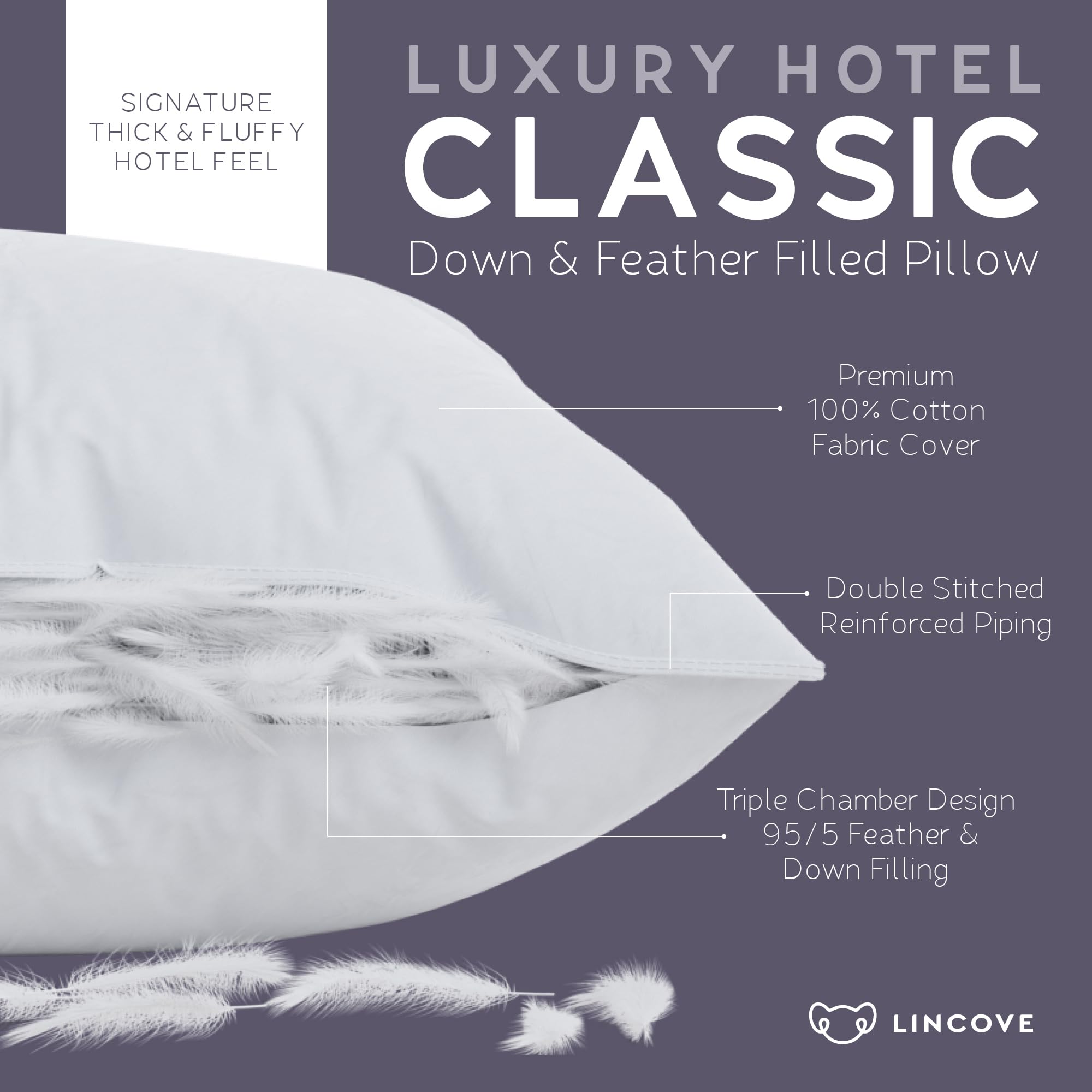 Premium Lincove Down & Feather Luxury Pillows for Sleeping - 100% Cotton 600 Thread Count Hypoallergenic Queen Size (Pack of 2) - Made in USA - Ideal for Hotels, Guest Rooms & Home Bedroom Comfort