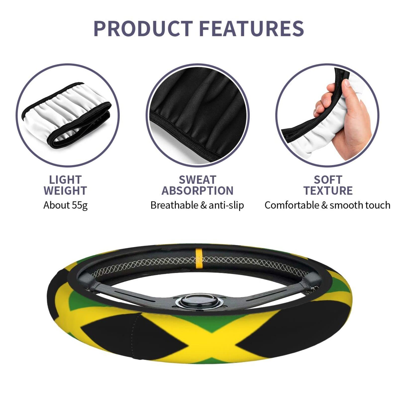 Jamaican Flag Steering Wheel Cover - Non-Slip, Durable Universal 15 Inch Car Accessory for Cars, Trucks & SUVs - Perfect for Caribbean Pride, Car Shows & Road Trips